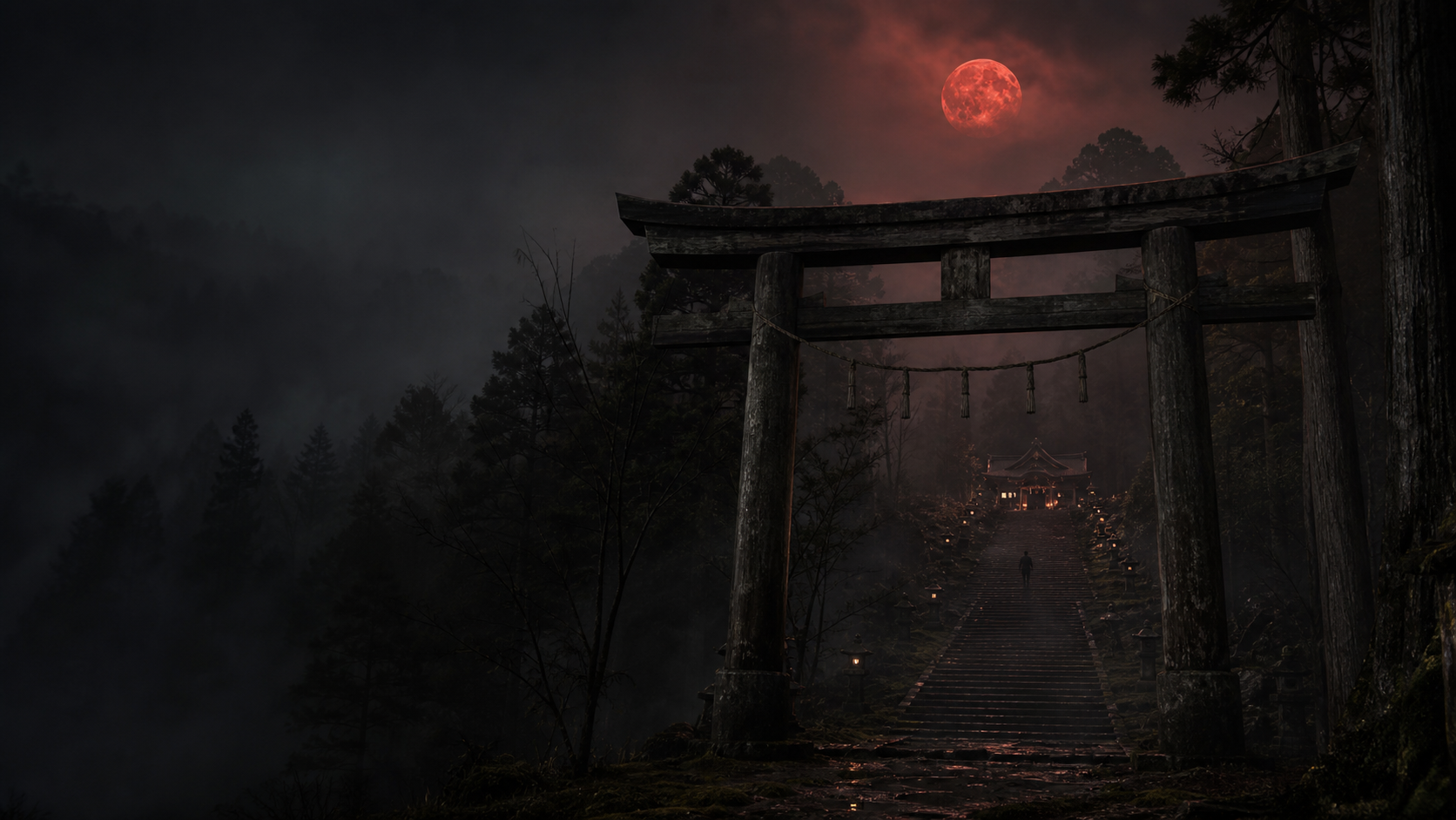 夜の杉林に立つ古い鳥居と霧に包まれた夜哭神社の参道